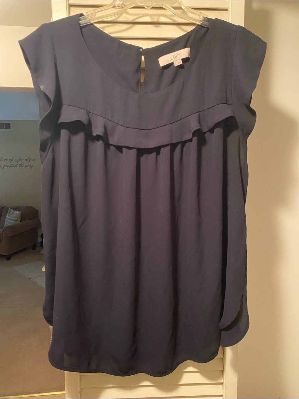 LOFT Navy Ruffle-Trim Cap Sleeve Blouse